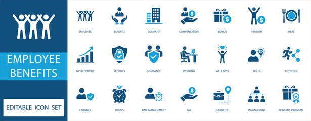 Employee benefits icon set. Vector flat icons for compensation, insurance, wellness, and corporate career development in professional blue style