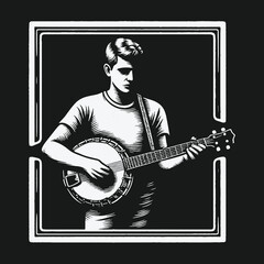 Obraz premium Monochrome woodcut style illustration of a young man playing the banjo.