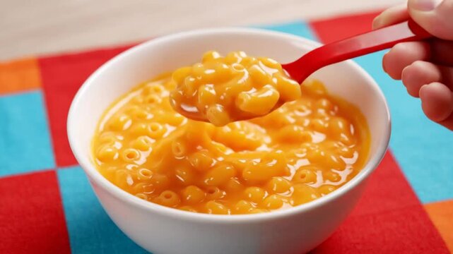 Close-up shot of creamy mac and cheese being scooped with a bright red spoon from a white bowl