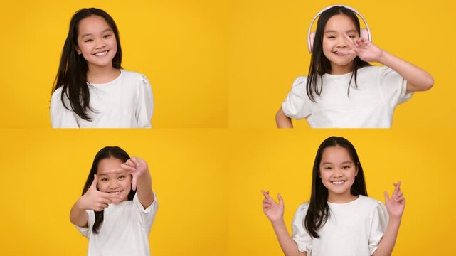 A young girl expresses a range of emotions while wearing headphones against a bright yellow background. Her vibrant gestures showcase the joy and spirit of happy childhood moments.