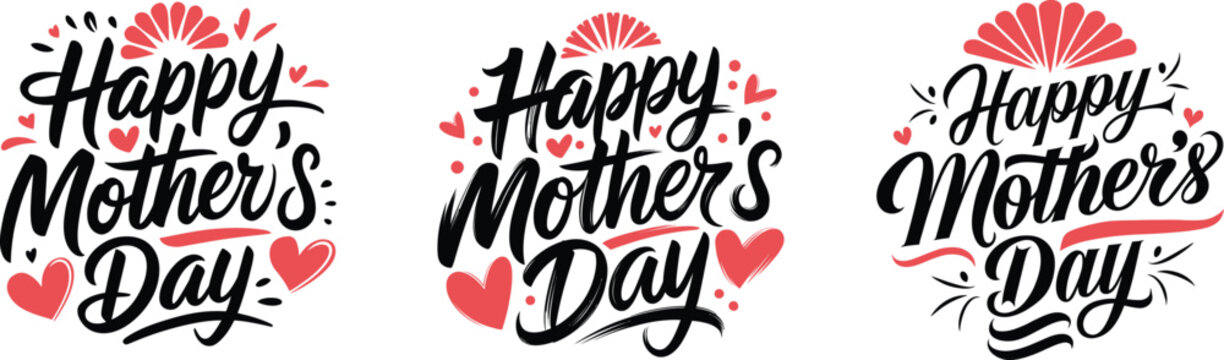 Happy Mother's Day hand drawn lettering calligraphy set with hearts and floral elements, vector illustration