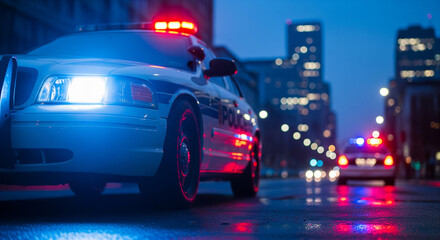 Close up low angle of a white police patrol car with bright blue and red emergency lights flashing dramatically on a wet city street at twilight