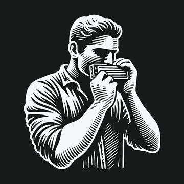 Black and white vintage illustration of a man playing the harmonica.