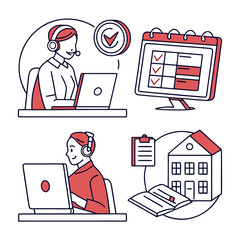 Modern minimal vector icon set representing remote work, home office, digital nomad lifestyle, and virtual team collaboration.