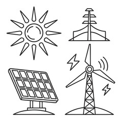 Dynamic modern minimal vector icon set for renewable energy, solar power, wind turbines, and sustainable power solutions.