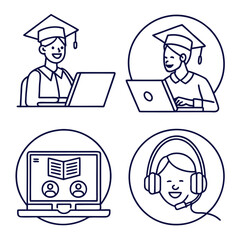 Educational modern minimal vector icon set for online learning, e-learning platforms, and digital student resources.