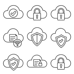 Modern Minimal Vector Icon Set for Cloud Security and Remote Data Protection, Illustrating Encrypted Cloud Storage, Safe Syncing, and Network Access Management
