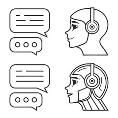Modern Minimal Vector Icon Set for AI Chatbot and Virtual Assistant Services, Featuring Customer Support Bot, Message Automation, and Natural Language Processing Icons