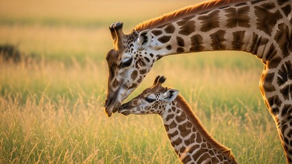 Obraz premium Adult giraffe and baby giraffe showing affection in a beautiful field at sunset, a tender animal bond representing family and care.