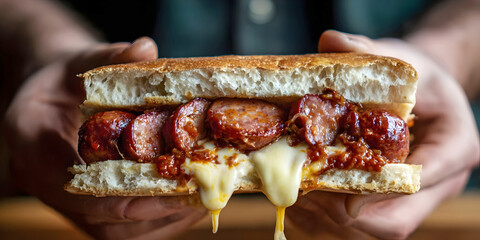  Sausage Melt Sub with Cheese and Tomato Sauce, ai generated.