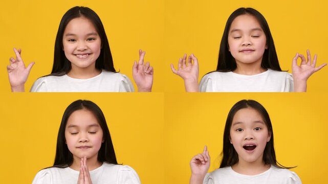 A girl showcases a range of emotions, from happiness to surprise, against a bright yellow background. Her playful gestures capture the essence of joyful childhood experiences.