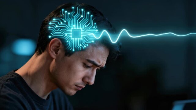 Brain technology artificial intelligence chip neuron glow thinking focus man concept brain interface neural network digital wave human profile