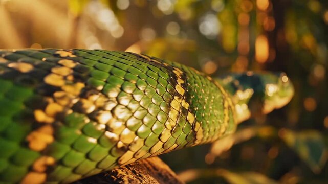 Beautiful cinematic macro shot of snake skin scales bathed in soft golden hour sunlight emphasizing the warm tones and shallow depth of field emphasizing warm tones, seamless loop, detailed