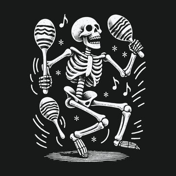 Happy dancing skeleton playing maracas musical instrument.
