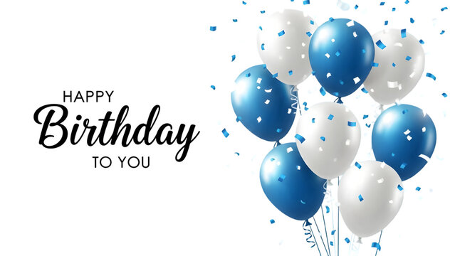 Blue and white balloons isolated on transparent background with confetti