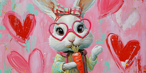 Whimsical Rabbit with Heart Glasses and Carrot, ai generated.