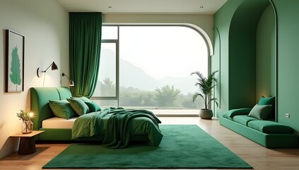 A modern bedroom interior in a green color scheme