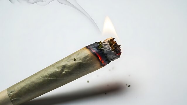 A close up of a lit cannabis joint with smoke rising