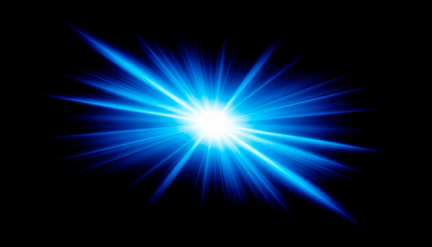 Bright blue starburst radiating light and energy against a black background, A brilliant blue starburst explodes with light and energy, creating a dynamic visual effect on a dark backdrop