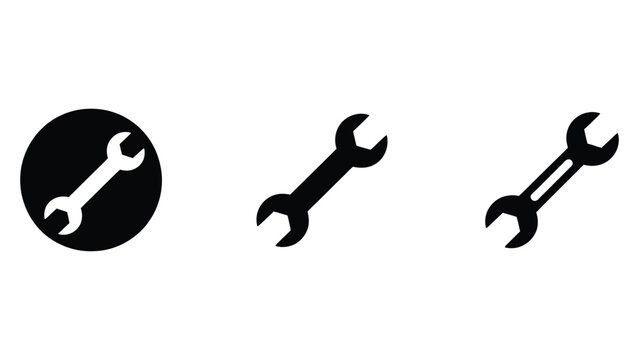  Wrench tool icon set in solid and outline style isolated on white background, spanner and repair symbols for maintenance, settings, mechanic services, and ui design use
