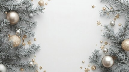 Green fir branches create a festive Christmas frame with red balls and ribbons for a New Year holiday celebration background