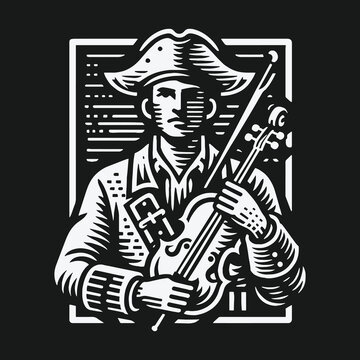 Colonial musician with a violin in a vintage woodcut style illustration.