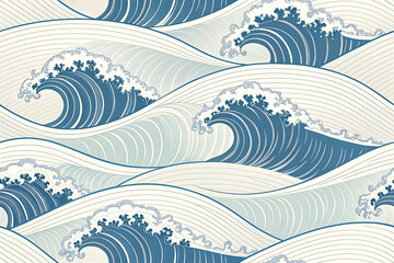 Seamless blue wave pattern background with elegant flowing curves for a decorative ocean repeat design