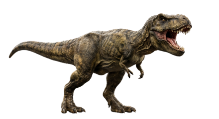A Tyrannosaurus Rex roars with its mouth open, showing its teeth. The dinosaur is isolated on a white background.