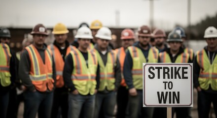 Group of industrial workers wearing safety helmets and vests holding strike to win sign, showing labor protest, workers rights, union movement, collective action, and workplace demands
