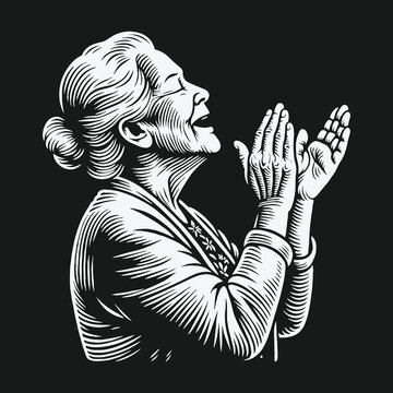 Serene elderly woman in prayer black and white illustration.