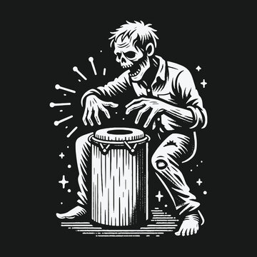 Undead zombie musician playing a rhythmic beat on a conga drum.