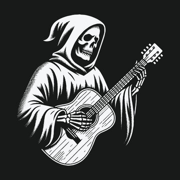 Grim Reaper Skeleton Playing an Acoustic Guitar Illustration.