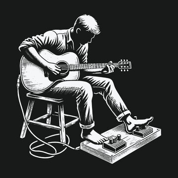 Barefoot guitarist playing acoustic guitar with effects pedalboard illustration.