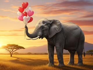 Fototapeta premium Valentine's day celebration with lovely elephant holding red and white heart balloons