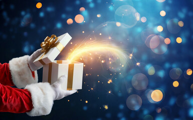 Santa Claus Hands Opening Magical Glowing Gift Box on Blue Bokeh Background