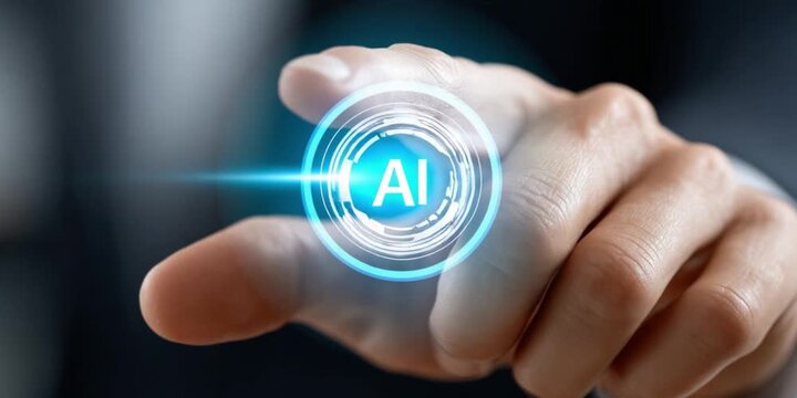 AI Button Activation: A finger poised to activate an illuminated AI button, symbolizing the fusion of human intent and artificial intelligence in a futuristic digital environment. 