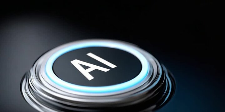 AI Button: A close-up shot of an AI button, radiating a soft blue glow against a dark backdrop, represents the forefront of artificial intelligence and innovation.