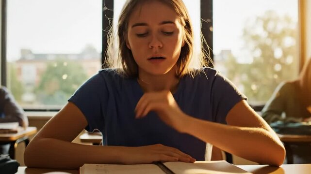 Focused student with study stress and headache struggles to concentrate in classroom setting