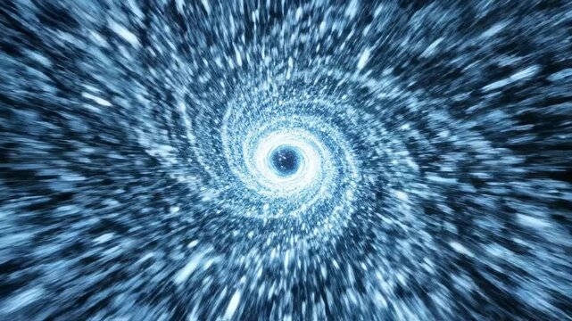 Blue data particles and abstract digital information flowing into a bright central vortex simulating technological overwhelming and complete immersion future technology, seamless loop, control