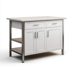 Modern white kitchen island with stainless steel frame and two open shelves on the side