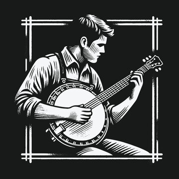Black and white graphic illustration of a man playing the banjo.