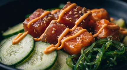 Macro close-up of spicy raw tuna cubes drizzled with sriracha mayo and sesame seeds, served with fresh cucumber slices and wakame seaweed salad.