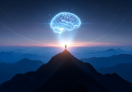 Futuristic glowing human brain hovering above mountain peak at dawn, symbolizing artificial intelligence, creativity, innovation, consciousness, technology, and limitless human potential