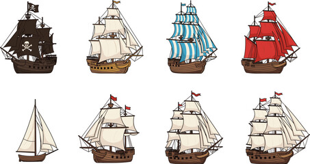 Sailing Ship and Pirate Ship Illustration Set Featuring Historic Wooden Vessels, Tall Ships, and Nautical Boats for Maritime, Adventure, and Sea Travel Designs © MstBobita
