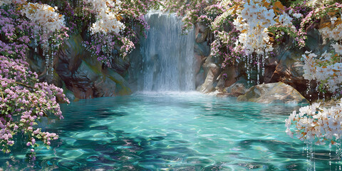 Heartfall Oasis Among Cherry Blossoms, ai generated.