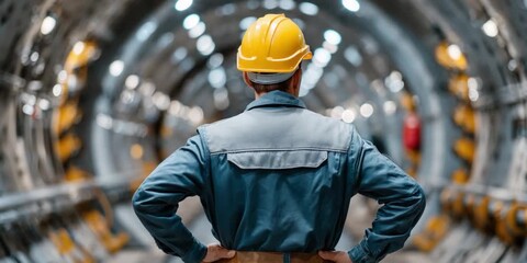 Engineering Oversight: A construction worker stands confidently, surveying the vast tunnel interior. His back faces the viewer, highlighting his role in the meticulous process of construction.