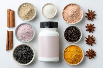 A white bottle with a pink label sits surrounded by bowls of spices and ingredients on a white background