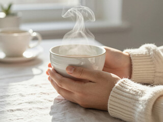Warm Cup of Tea, Hands Holding, Cozy Home, Lifestyle Photography, Natural Light, Close-Up, Serene Moment