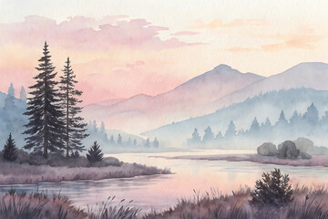 Panoramic view of a misty morning in the winter mountains with a cold sunrise glowing over the forest valley and clouds