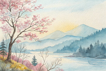 A cold winter landscape featuring snow-covered trees and a misty forest view beneath a colorful sunset sky with distant mountains and a frozen lake at sunrise